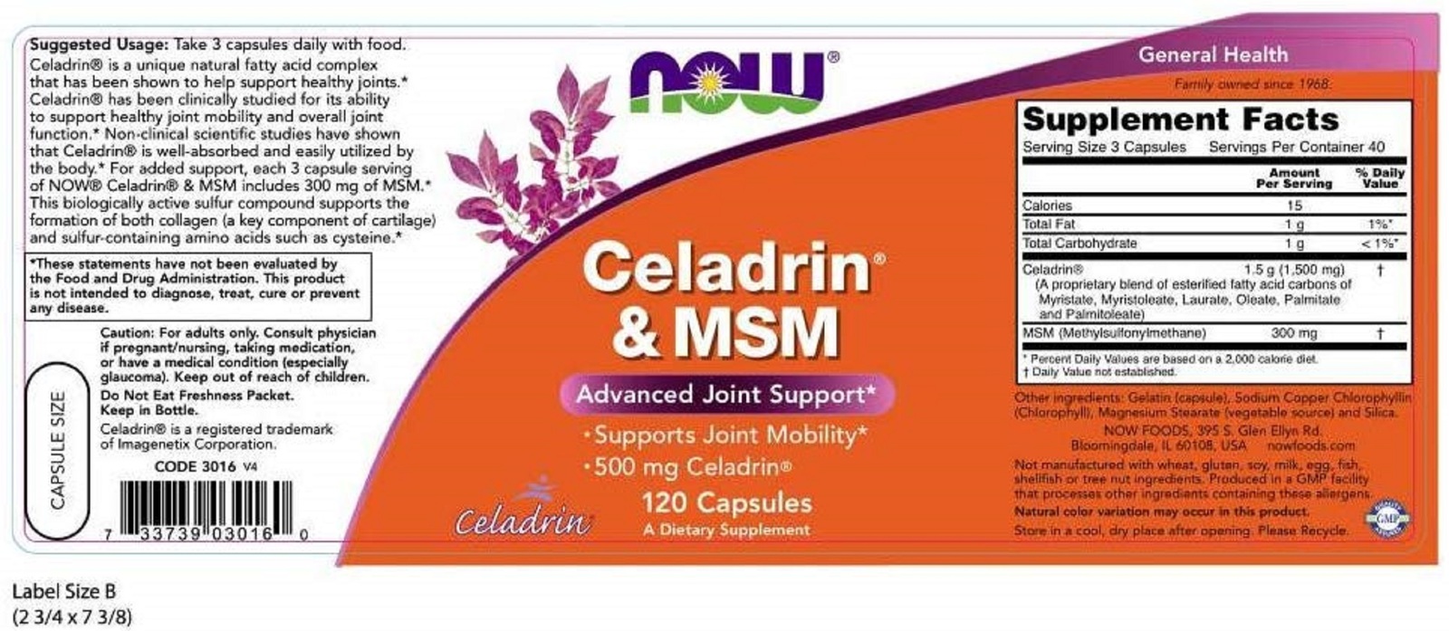 Now Supplements, Celadrin & MSM 500 mg, 120 Capsules