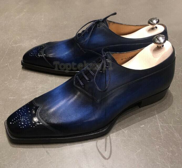 Handmade Men's Leather Blue Color Oxfords Wingtip Stylish Dress Formal Shoes-666
