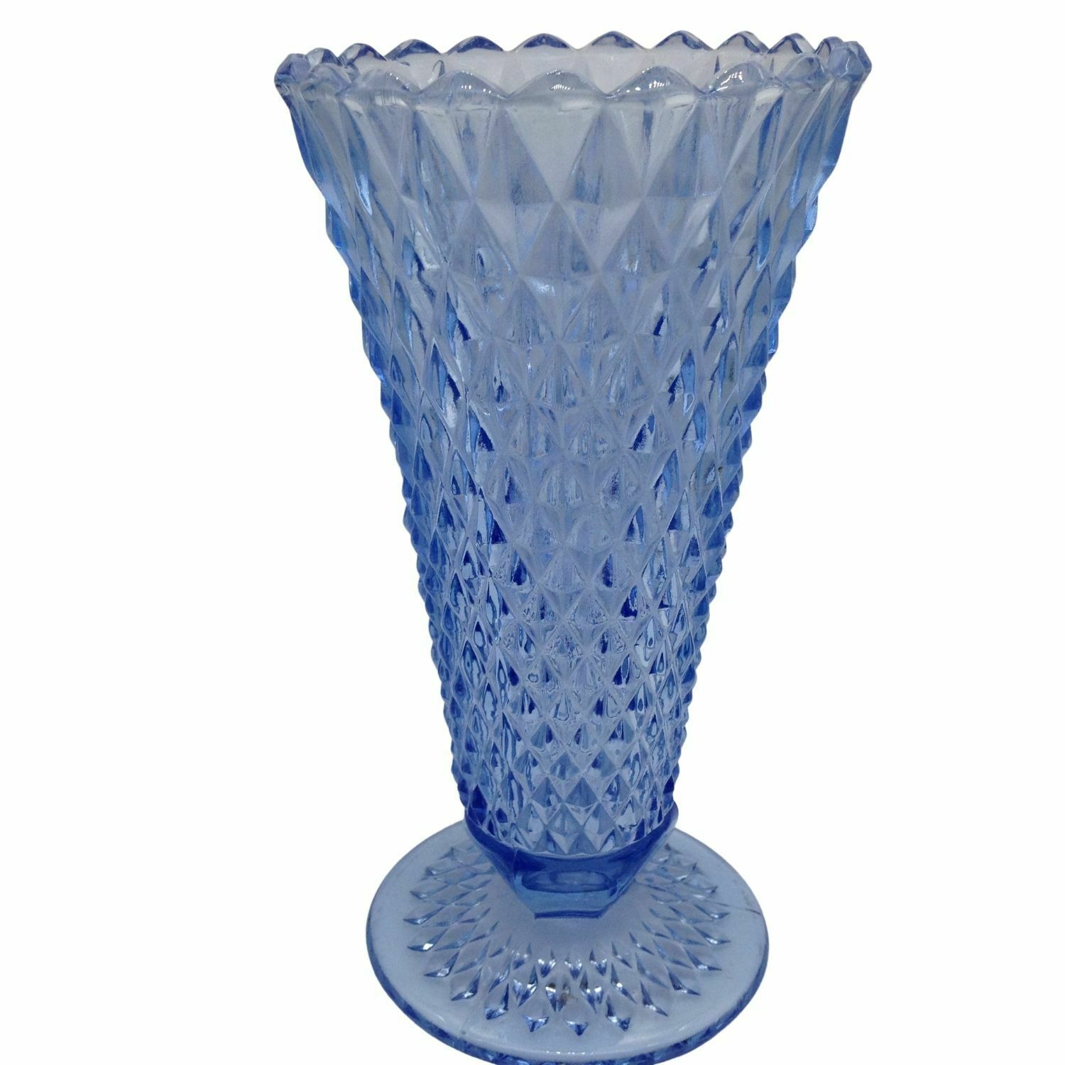 Vintage Indiana Glass vase Azure Blue Diamond Point Pattern Vase 8" - $24.24