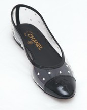 CHANEL PVC Black Patent Leather Pearl Ballerina Flat Shoes Cap Toe Sz 38.5 - $456.00