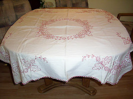 Vintge Embroidered Cotton Tablecloth BEIGE Red White Flower Crochet Trim... - $24.70