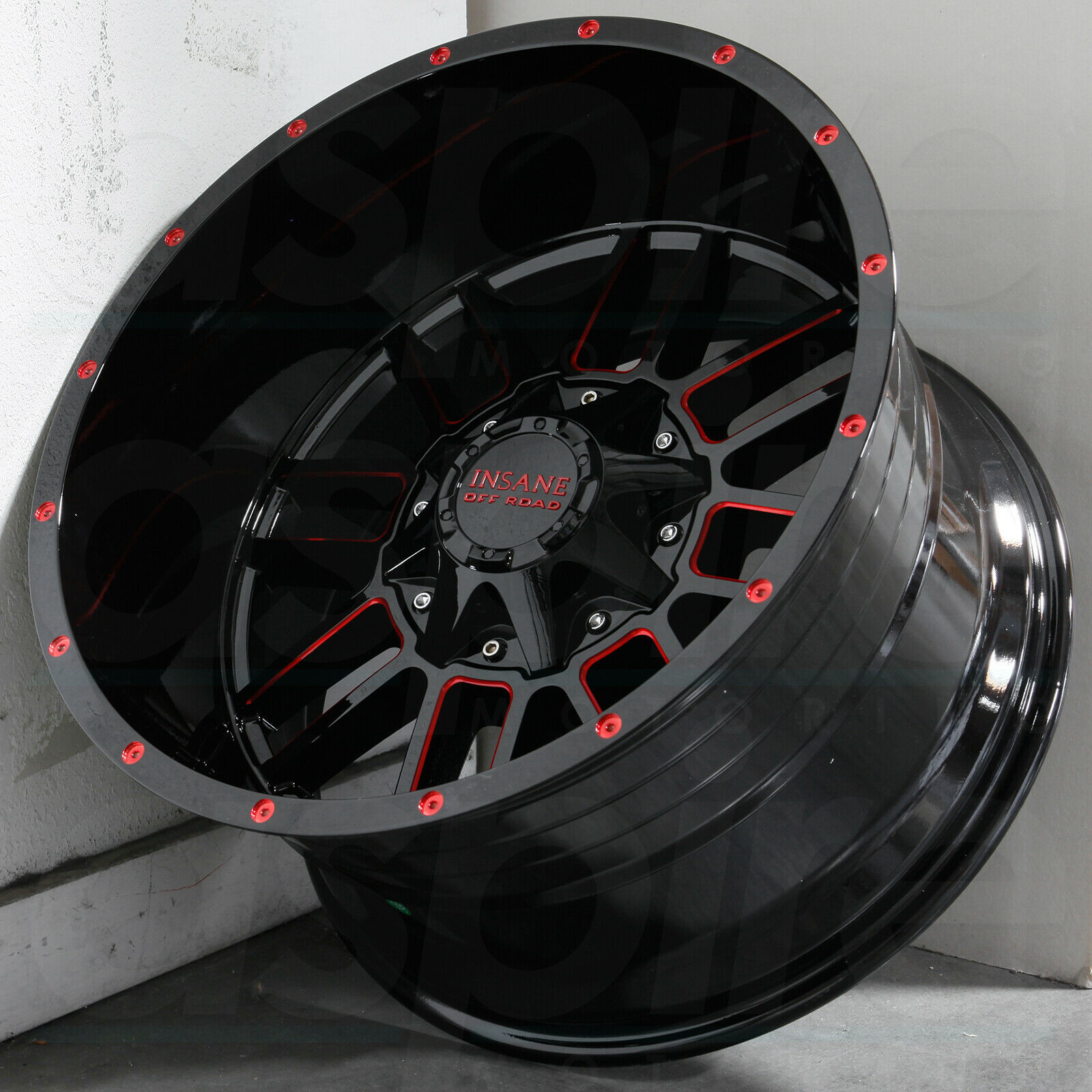 20x12 Insane IO07 5x5.5/5x150 44 Gloss Black Red Milled Wheels Rims