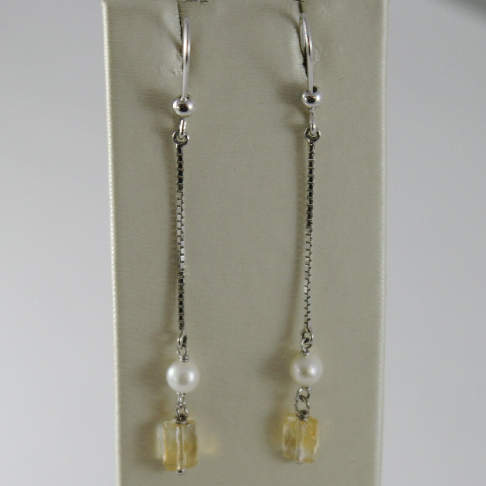 Primary image for SOLID 18K WHITE GOLD PENDANT EARRINGS WITH CITRINE AND PEARL MADE IN ITALY
