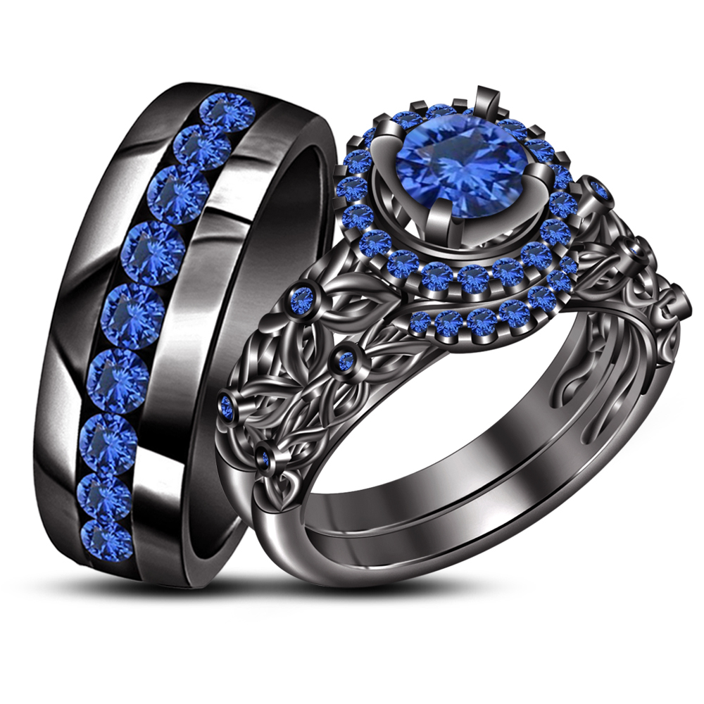 His And Her Trio Wedding Ring Set Round Cut Blue Sapphire 14k Black Gp