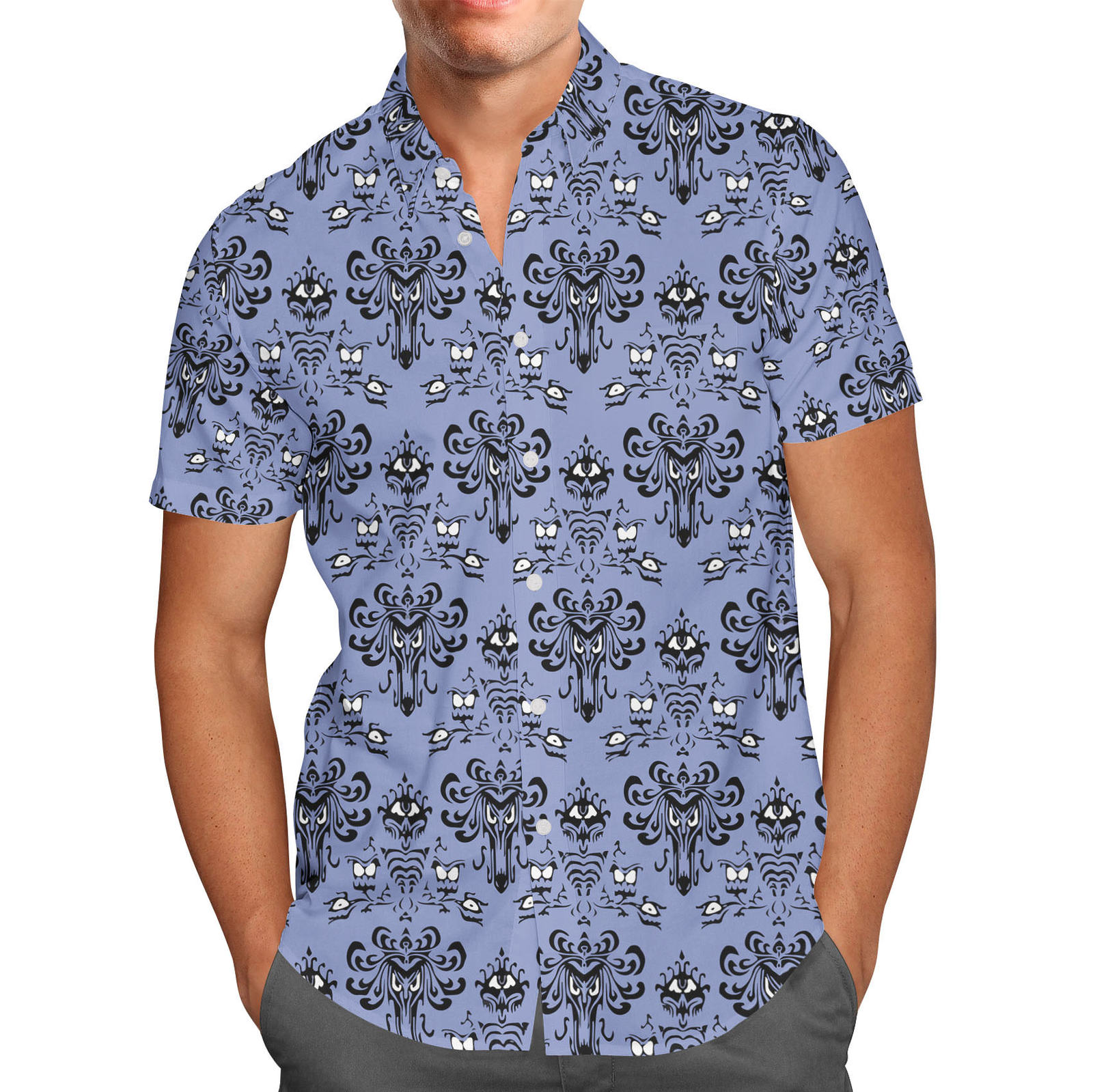 Haunted Mansion Wallpaper Mens Button Down Short Sleeve Shirt - T ...