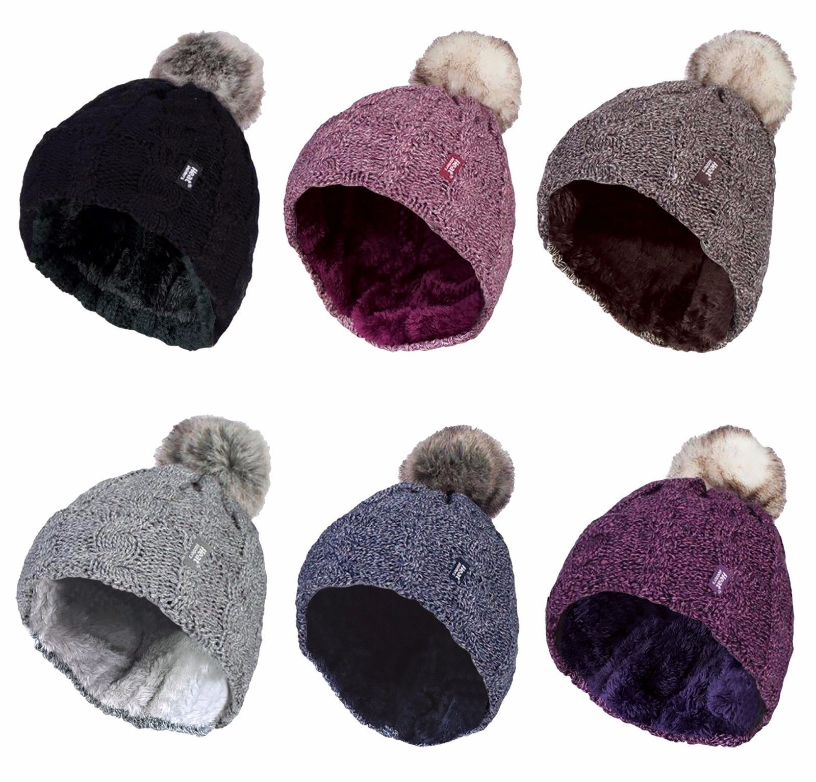 Heat Holders - Womens Fleece Lined Cable Knit Winter Beanie Hat with Pom Pom