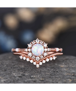 Vintage Opal Diamond Eternity Ring For Women Stacking Bridal Set Floral ... - $168.00