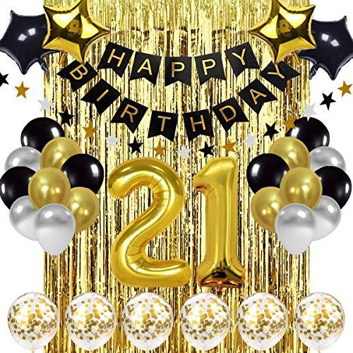 Black and Gold 21th Birthday Decorations Banner Balloon, Happy Birthday ...