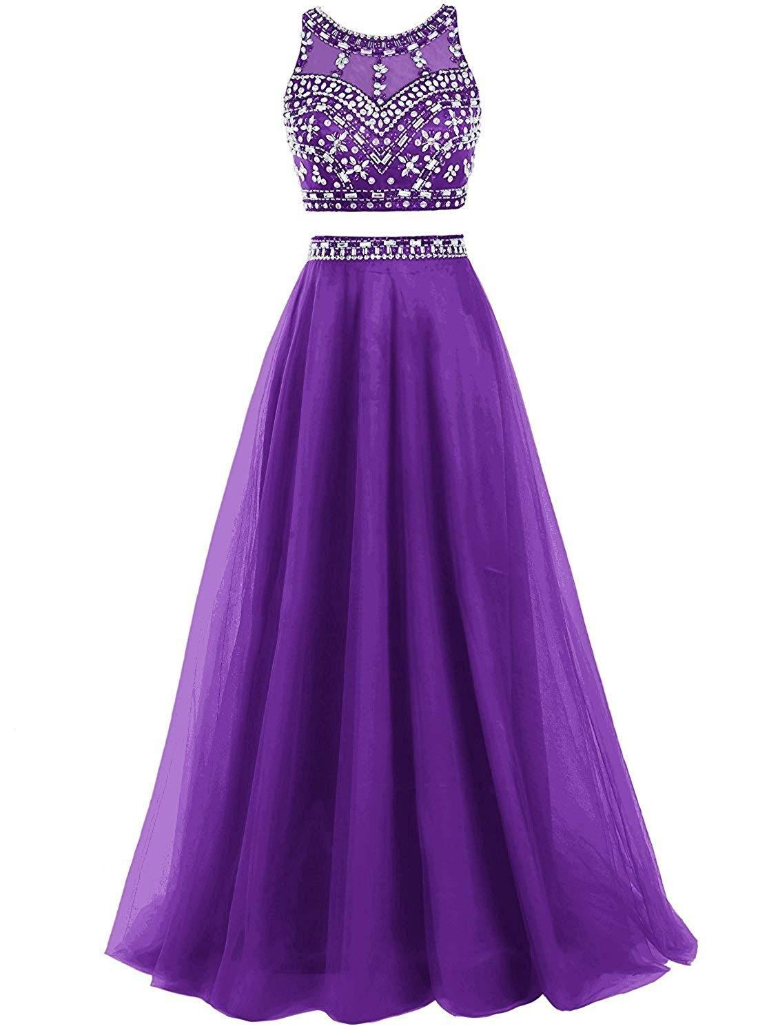 Two Piece Beading Homecoming Dresses Backless Long Tulle Prom Cocktail ...