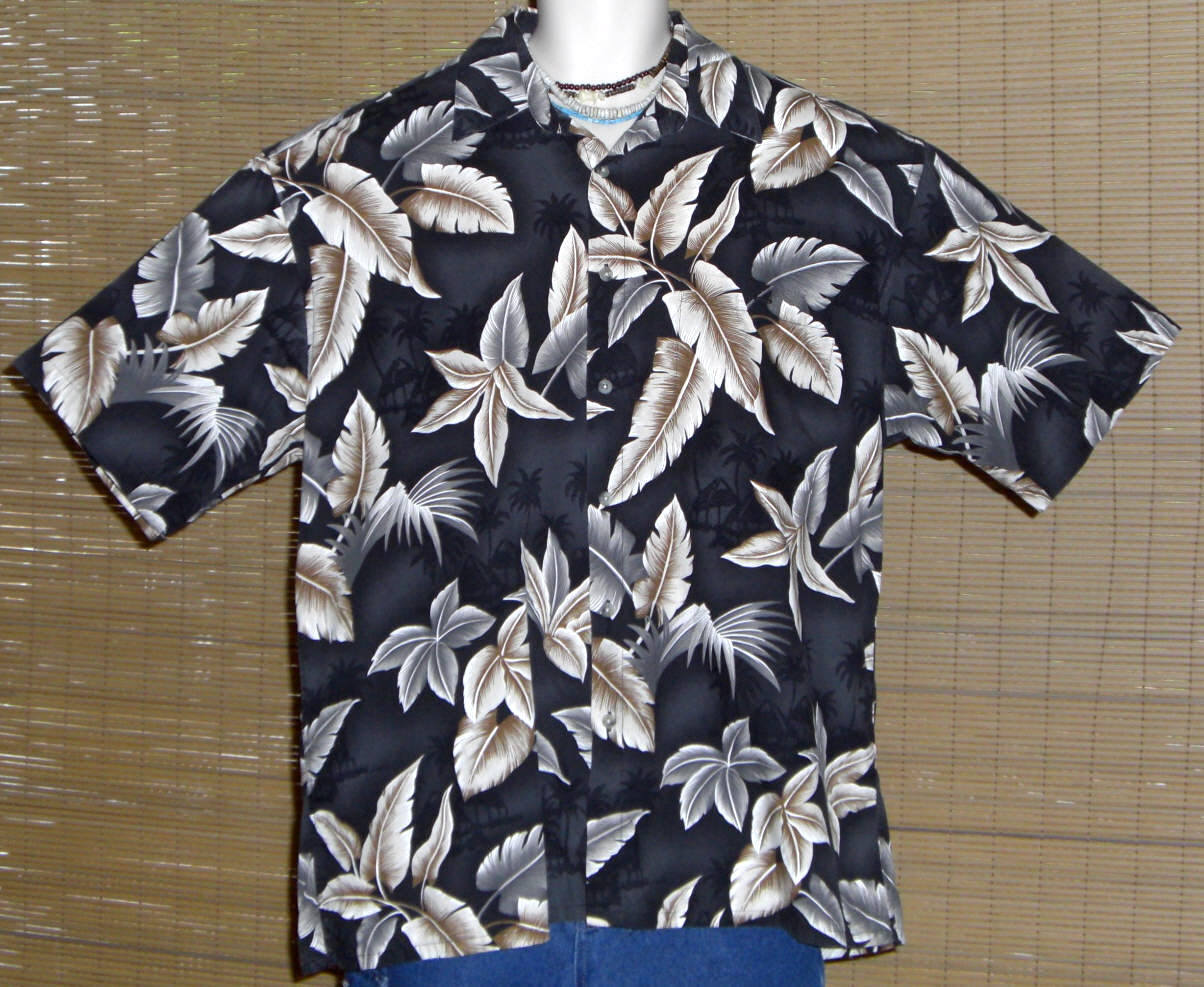 Primary image for Saddlebred Hawaiian Shirt Black Gray Brown Palm Trees Tropical Leaves XL
