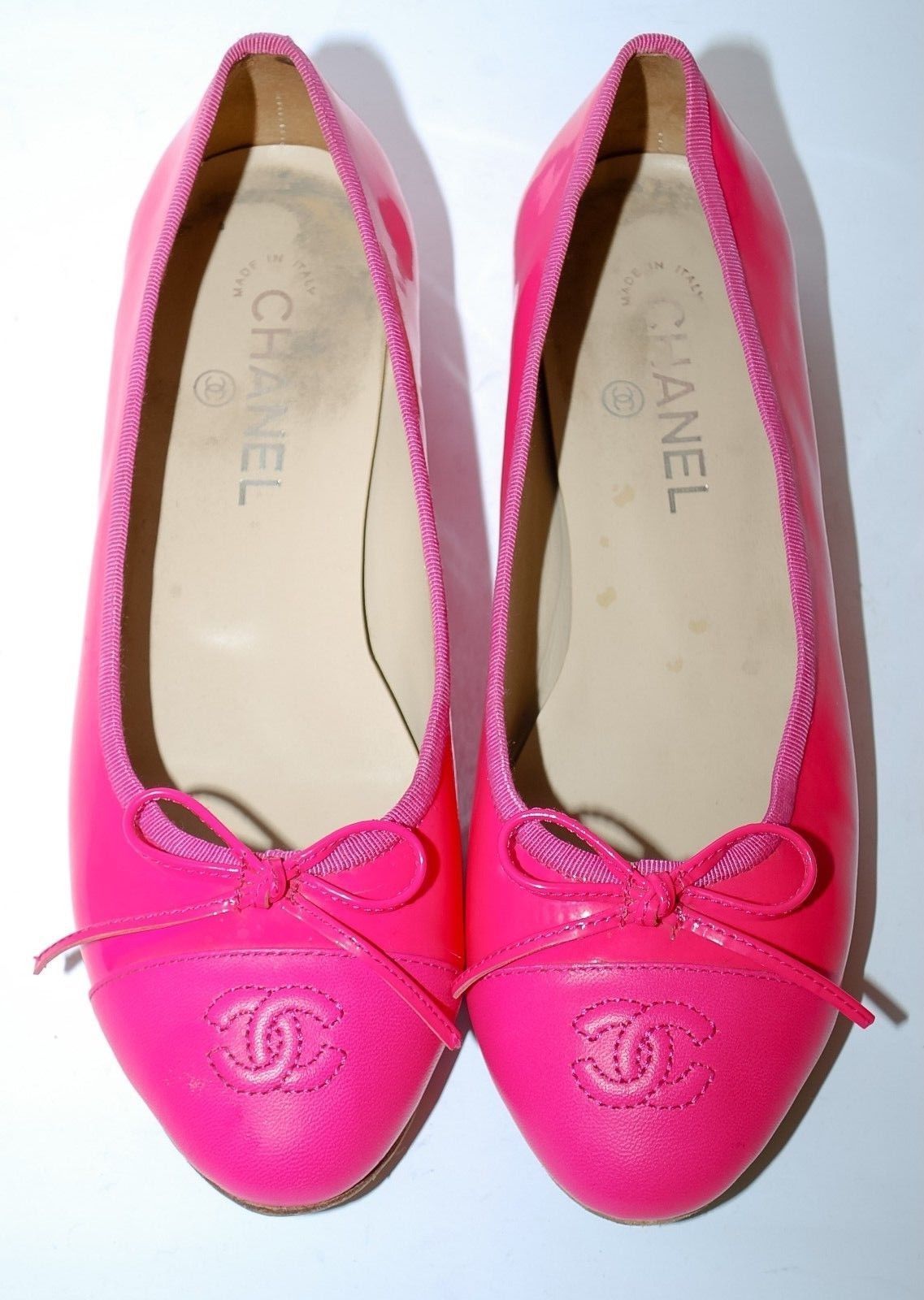 CHANEL Pink Leather Ballet Flats Round Toe Block Heel Shoes CC Logo