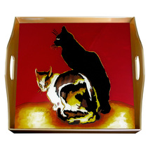 Coffee tray - Steinlen&#39;s Two Cats - Square Hand Painted Glass Tray with ... - £147.27 GBP