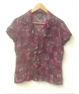 Ann Taylor sheer silk print blouse short sleeve ruffle front purples/gra... - $10.95
