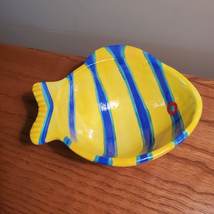 Fish Shaped Bowl, Yellow Blue Striped Pottery Trinket Dish Nut Bowl, Beach Decor image 2