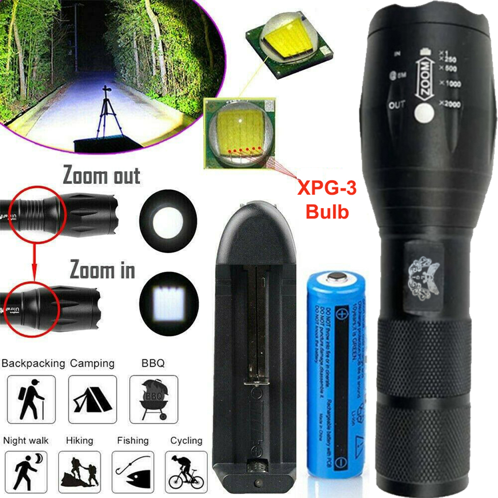 Tactical Flashlight With Special BuiltIn XPG3LED Bulb Zoom Military