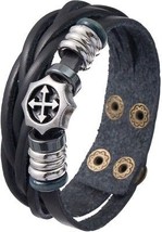  Christian Wristband - Black Leather And Beads W/ Cross Charm Bracelet -... - $26.64