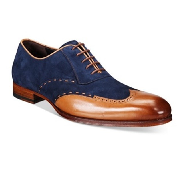 NEW Handmade Two Tone Navy Blue Tan Shoes, Men's Leather Suede Lace Up Wingtip S