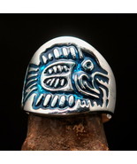 Nicely crafted Men&#39;s Maya Ring Aztec Fish Symbol Blue - Sterling Silver - $54.00