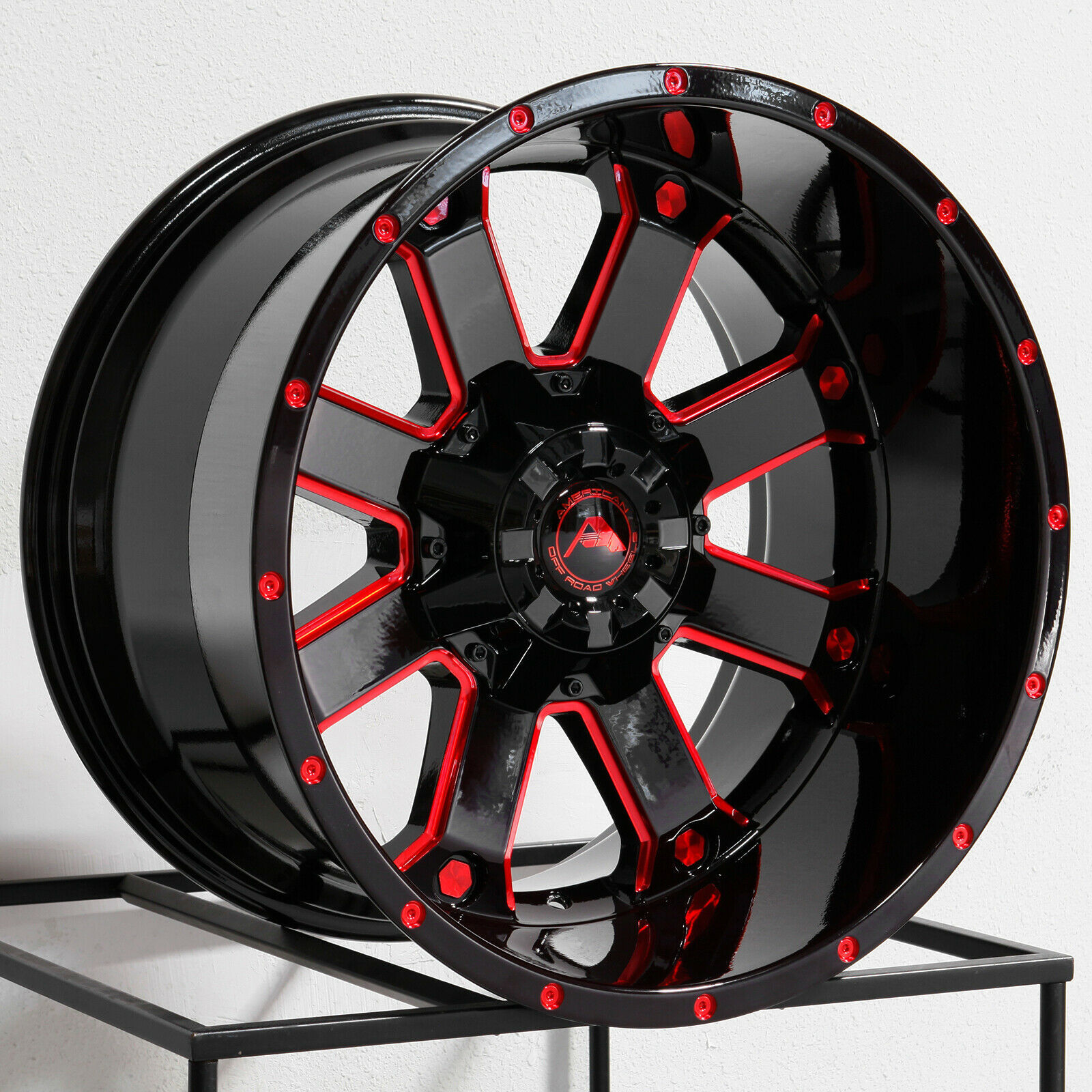 20x12 American OffRoad A108 6x135/6x5.5 44 Black Milled Red Wheels