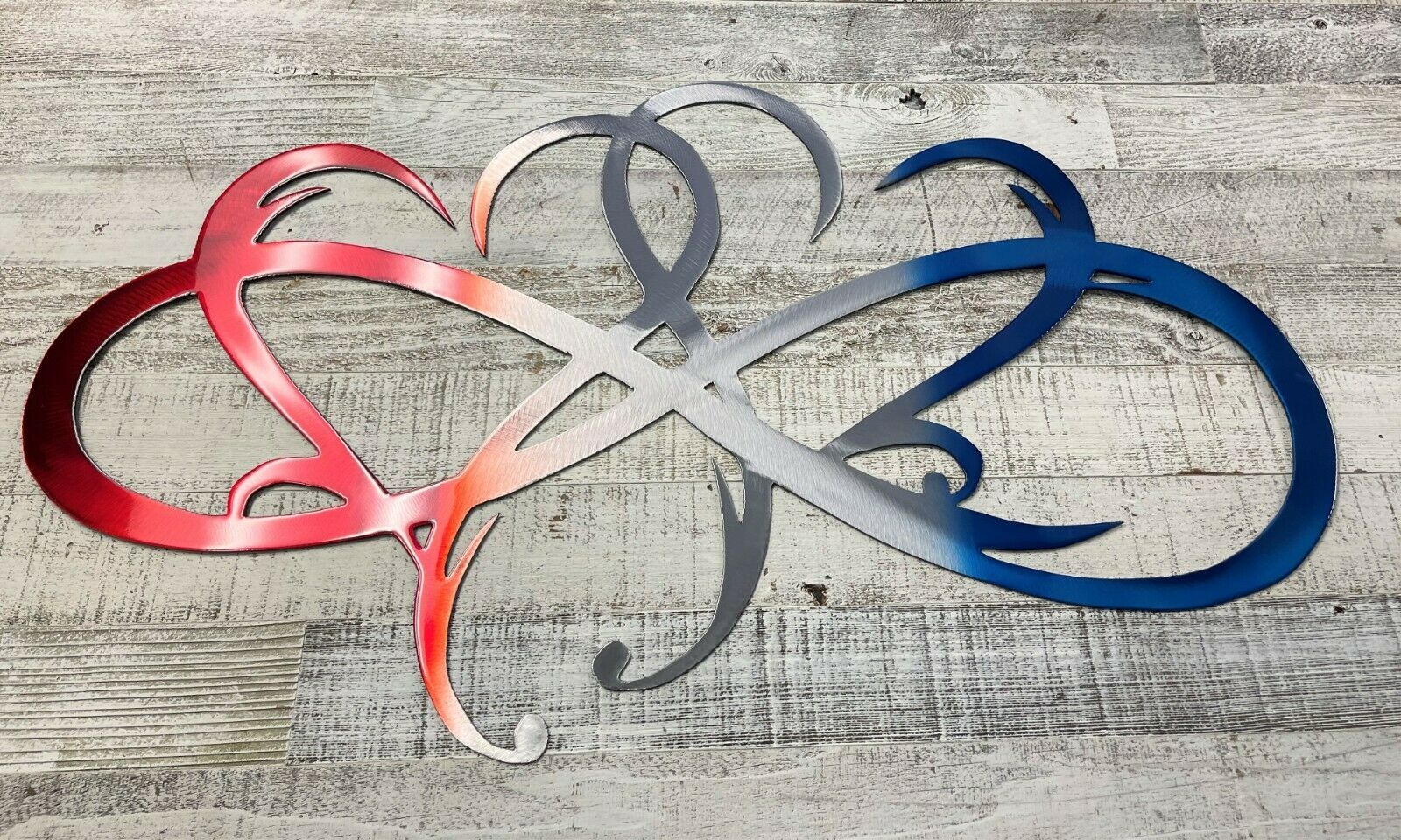 Primary image for Dual Infinity Hearts - Metal Wall Art - Patriotic Version 25" x 15"