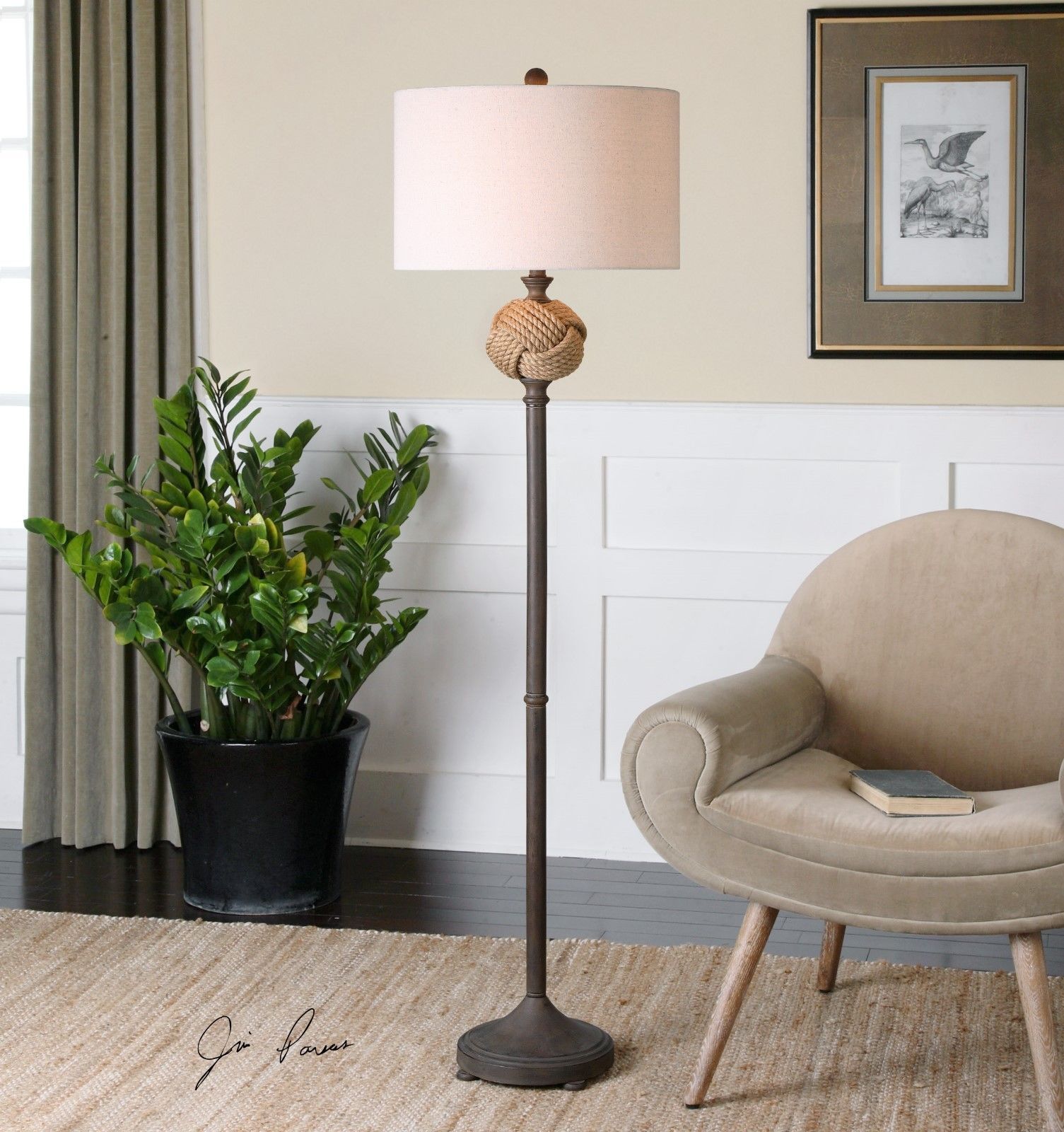 RUST BROWN METAL FLOOR LAMP NATURAL WOVEN ROPE SPHERE HARDBACK SHADE