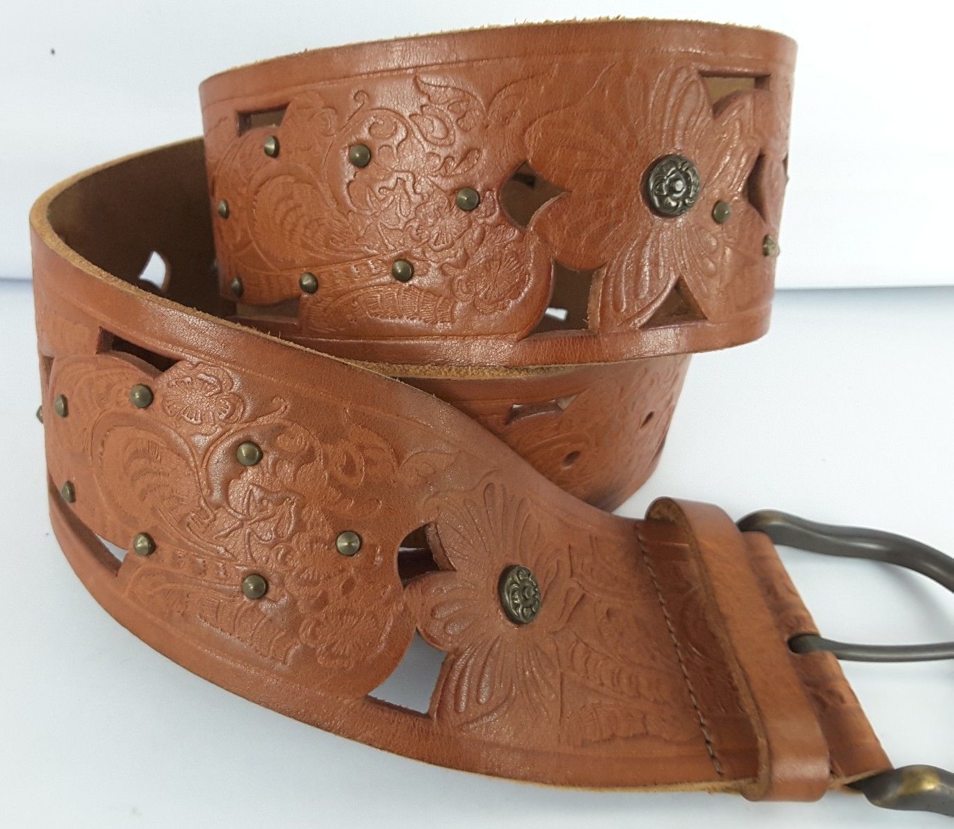 Fossil Womens Tooled Brown Leather Belt Cutouts Floral Size Medium M ...