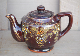 Old Vintage Handpainted Redware Teapot w Lid Brown Glaze Gold Highlights... - $24.74