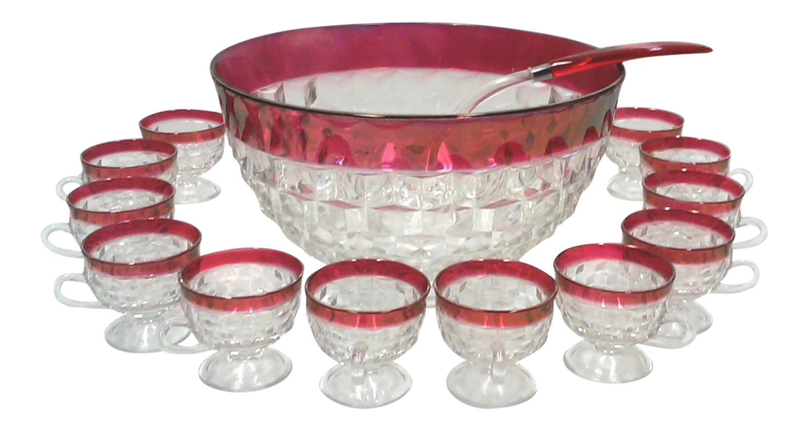 Vintage Cranberry Glass Punch Bowl Set of 14 1970s