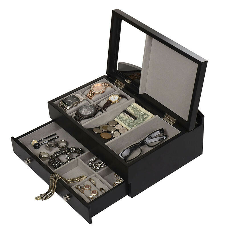 Men Multi Purpose Wood Valet Watch Display Case Storage Jewelry Organizer Box