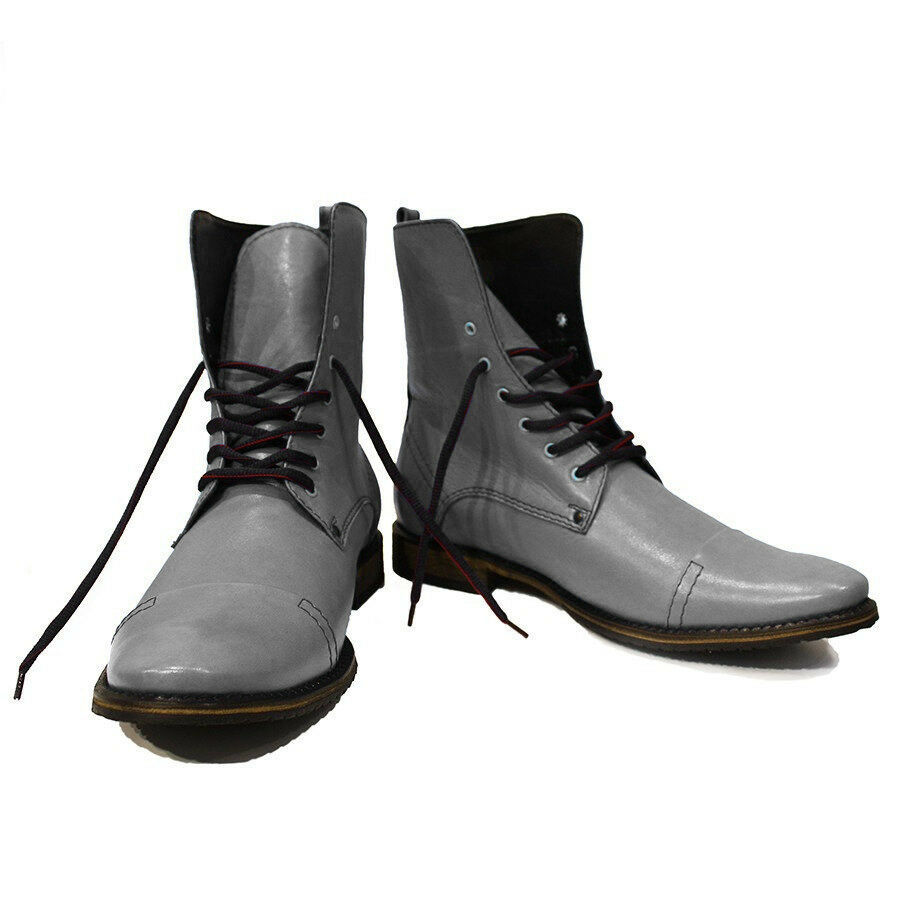 High Ankle Men Grey Color Black Laces Cap Toe Derby Real Leather Boots US 7-16