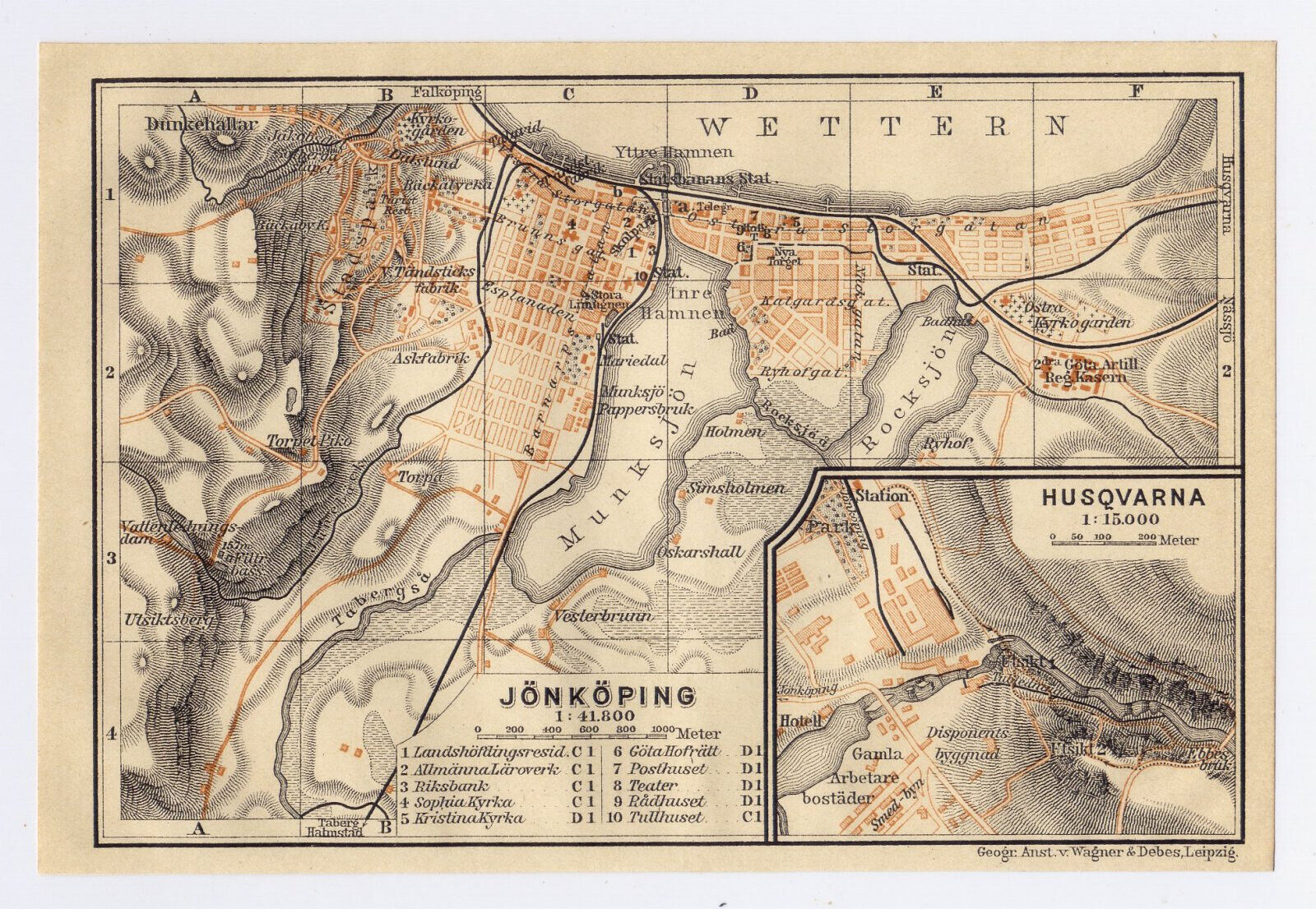 1912 ORIGINAL ANTIQUE CITY MAP OF JÖNKÖPING JONKOPING HUSQVARNA ...