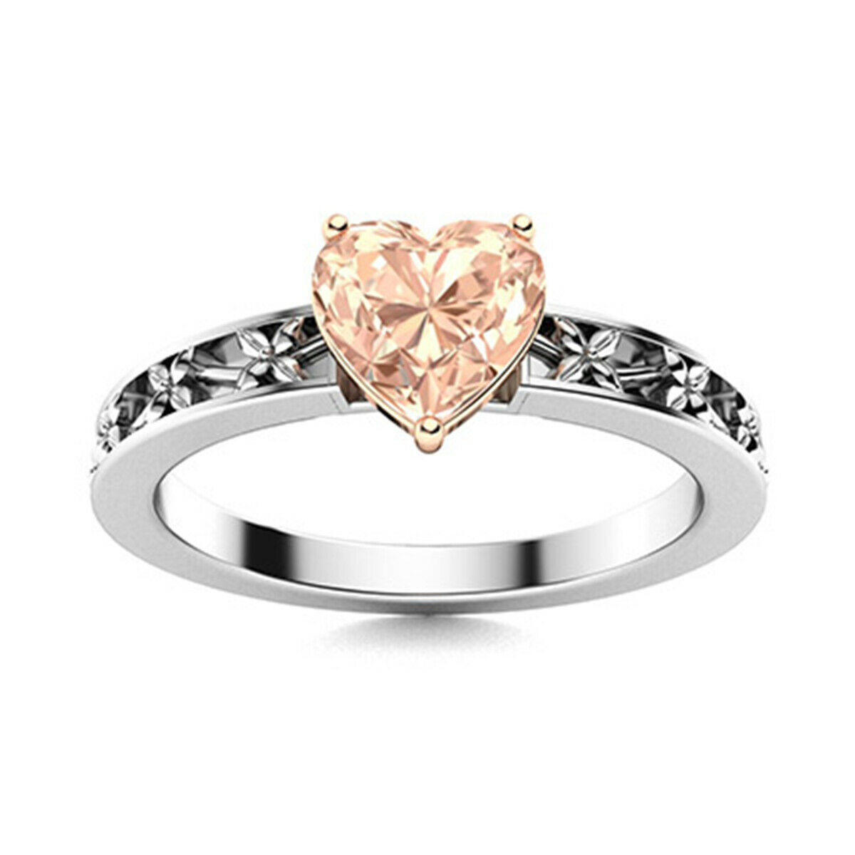 0.75 Ctw Heart Morganite Engraved Designer Ring 10K White Gold
