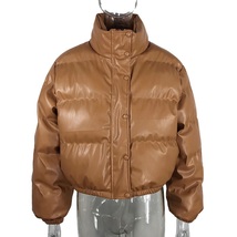 New brown faux leather long sleeve women warm oversized puffer jacket au... - $69.00