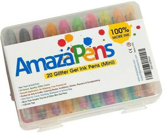 Amazapens - Gel coloring pen set 20 pcs mini pack glitter & superior quality neon medium tip