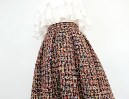 Women Brown Winter Midi Tweed Skirt A-line Midi Pleated Party Skirt Outfit Plus image 2