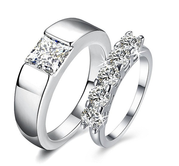 Bride & Groom Couple Ring Set 14k White Gold Plated 925 Silver Round ...