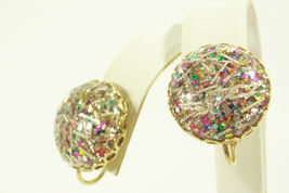 Vintage Confetti Jewel Tones Silver Bars Clip on Earrings Gold Plate Estate  - $16.34