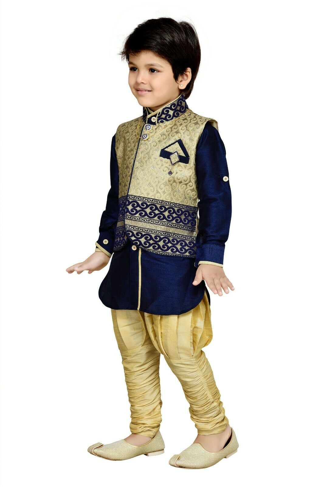 Kids Indian Wear Bollywood Style Silk Blend Blue Kurta Pyjama Waistcoat ...