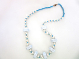 Long Chunky Necklace Lucite Hexagon Beads & Glass Pearls 22 Inches Vintage Retro - $14.99