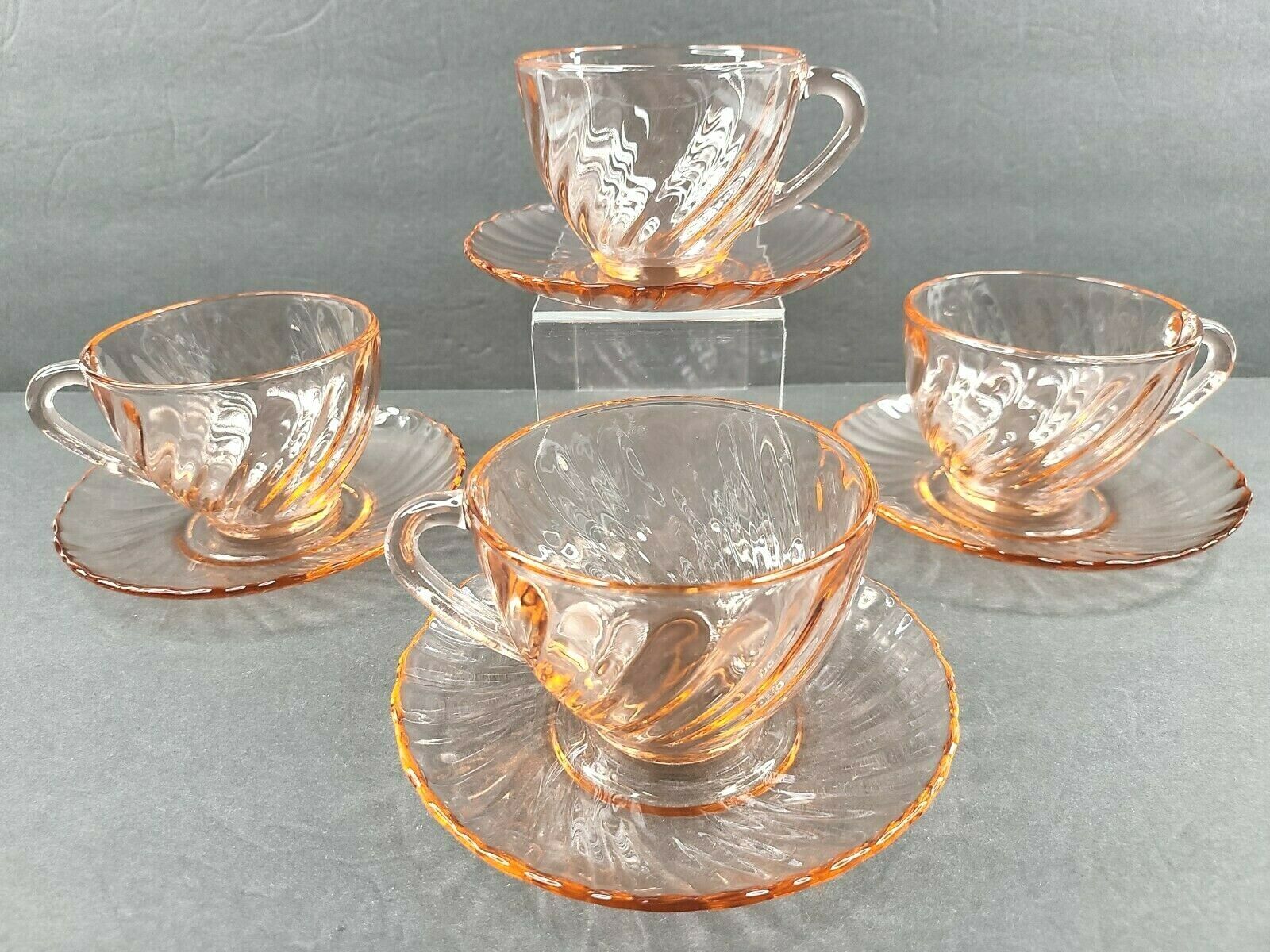 4 Arcoroc France Pink Swirl Tea Cup Saucer And Similar Items
