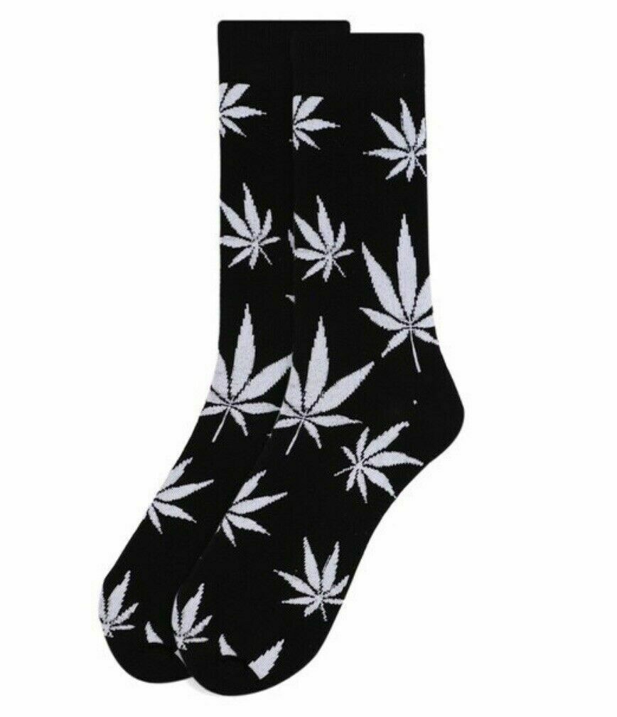 Parquet Men's Crew Novelty Socks Marijuana Leaf Shoe Size 6-12.5 Black W White