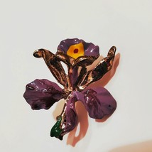 Vintage Enamel Brooch, Purple Iris Flower, Gold Tone Metal Pin, Gardener Gift