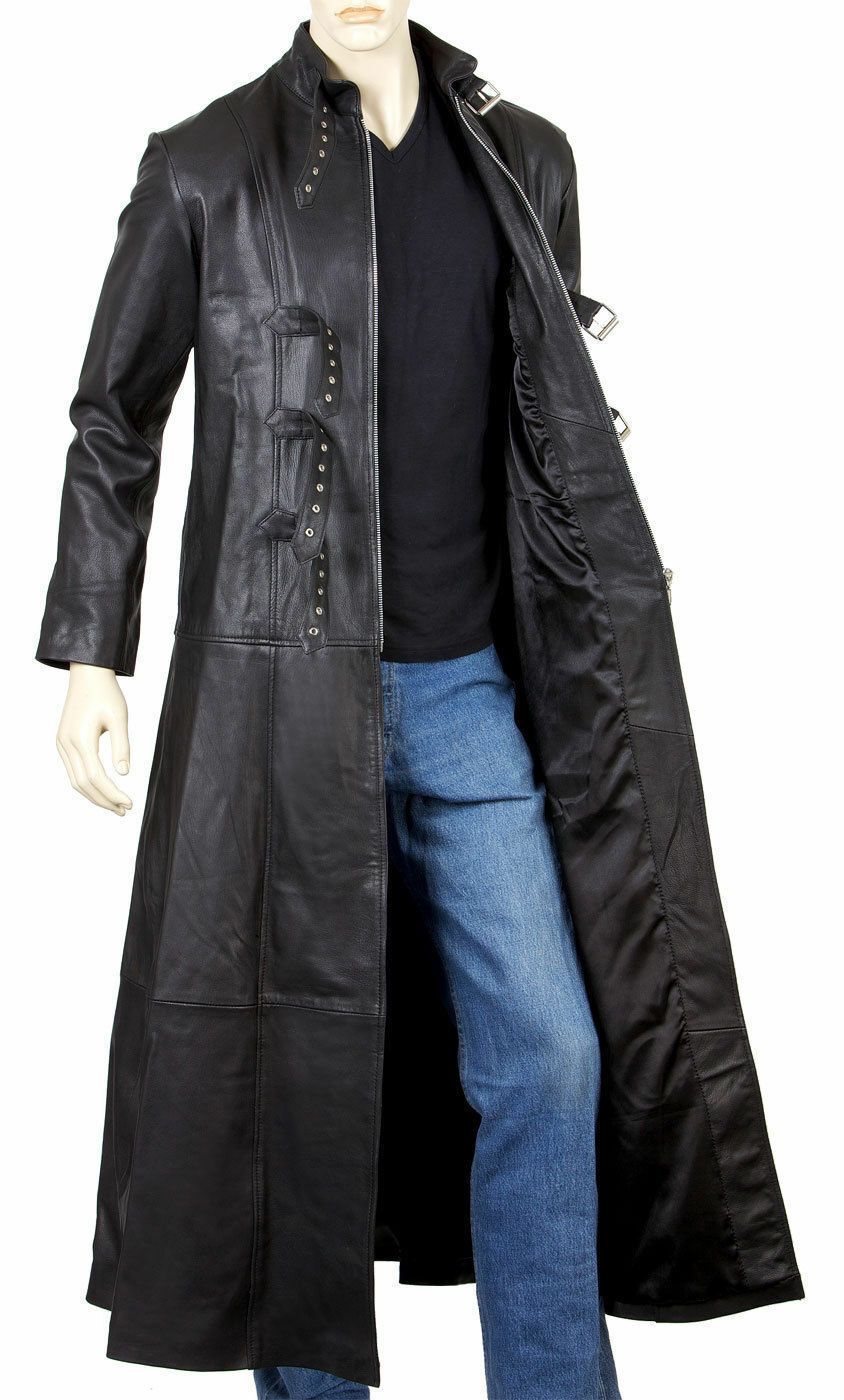 Mens Goth Leather Coat Gothic Full Length Coat With Three Buckle Open Front