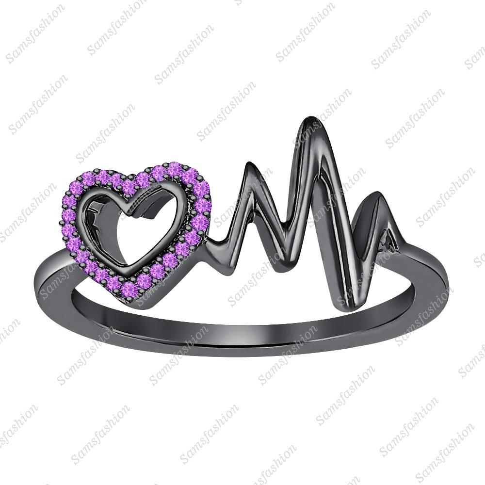 14K Black Gold Over Silver 0.33ctw Round Created Amethyst Lovely Heartbeat Ring