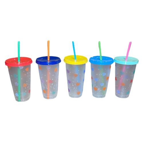 5 Pack Color Changing Heart 24 Oz Reusable Plastic Cold Cup With Straw And Lid