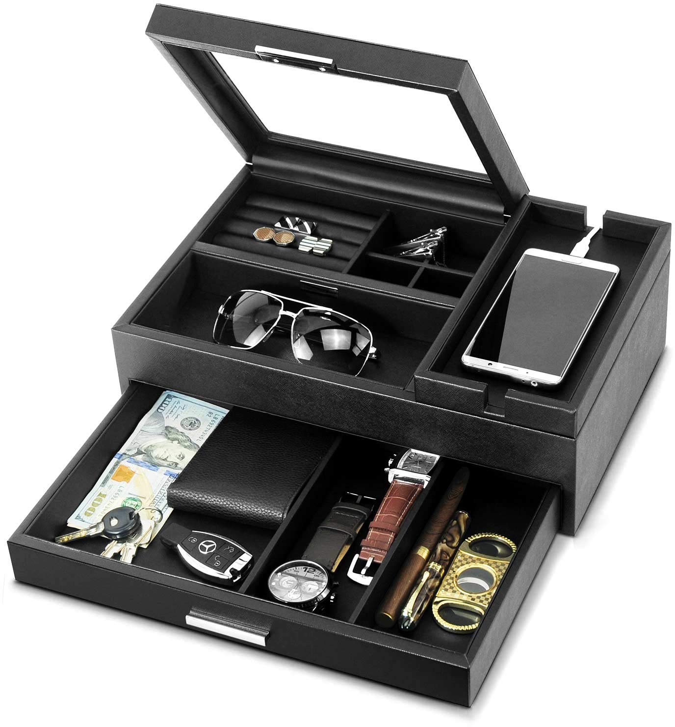 Lifomenz Co Mens Jewelry Box Valet Tray With Drawer And Charging