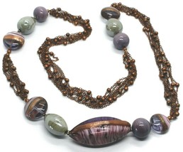 ROSE NECKLACE GRAY PURPLE STRIPED BIG OVAL MURANO GLASS MULTI WIRES, 32" LONG image 1