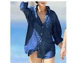 Blue solid denim summer women tunic beach wear tops swim suit cover up sexy button thumb155 crop