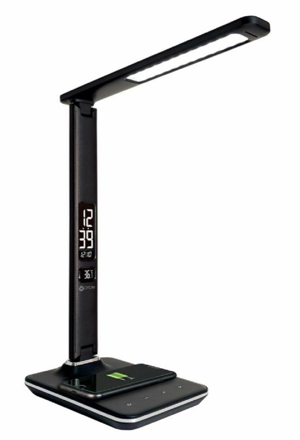 NEW Black Executive LED Desk Lamp Time Date Wireless Qi USB Charging Temperature
