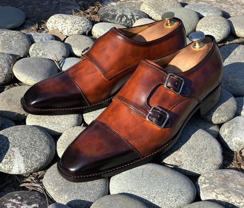 Handmade Men's Brown Leather Double Monk Strap Shoes, Men Cap Toe Dress Shoes